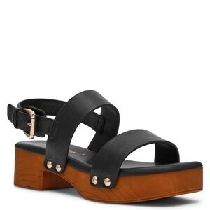 Anne Klein Black Platform Strappy Sandal with Wood-Look Sole - Size 8